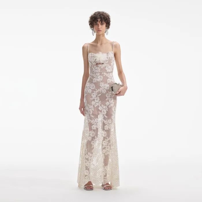 Self Portrait Dresses Cream Rhinestone Lace Maxi Dress 8211 Women