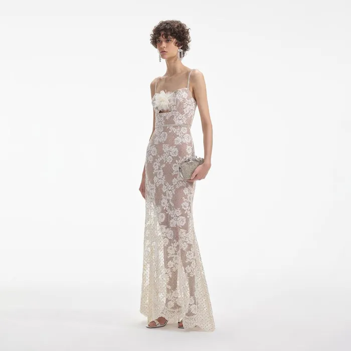 Self Portrait Dresses Cream Rhinestone Lace Maxi Dress 8211 Women