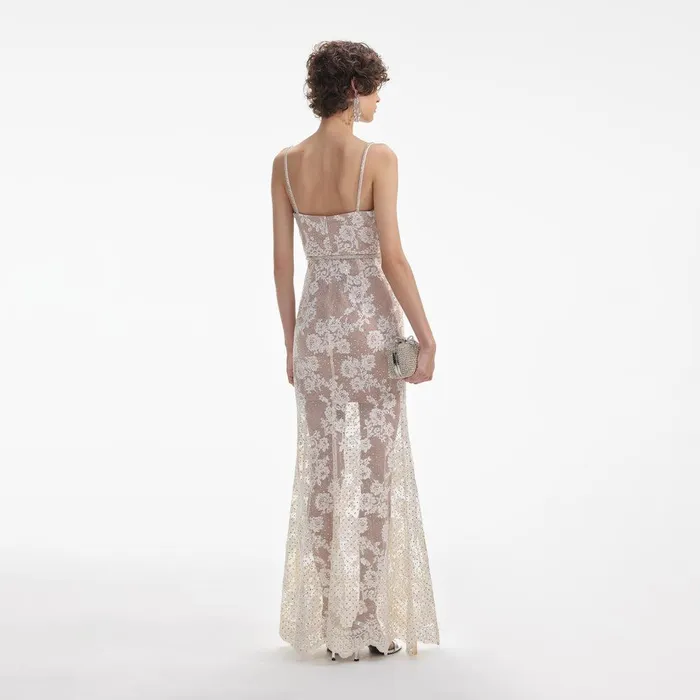 Self Portrait Dresses Cream Rhinestone Lace Maxi Dress 8211 Women