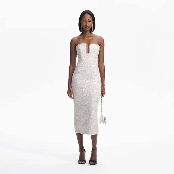 Self Portrait Dresses Cream Sequin Boucle Strapless Midi Dress 8211 Women
