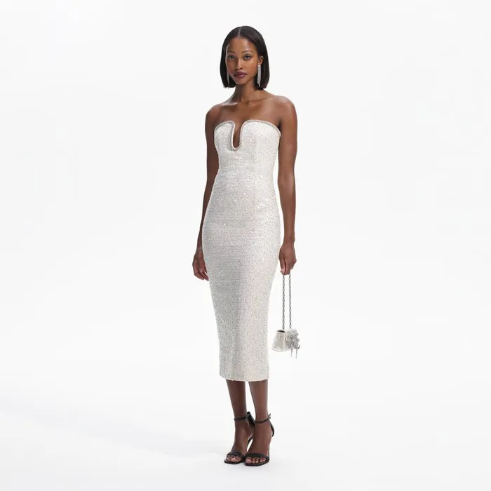 Self Portrait Dresses Cream Sequin Boucle Strapless Midi Dress 8211 Women
