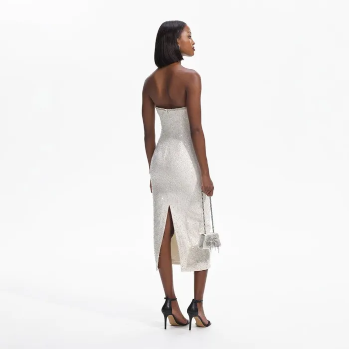 Self Portrait Dresses Cream Sequin Boucle Strapless Midi Dress 8211 Women