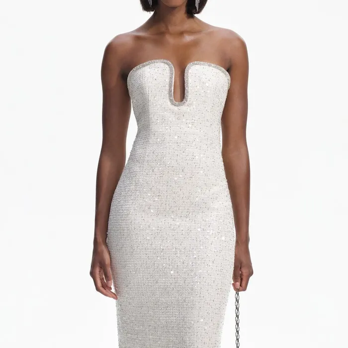 Self Portrait Dresses Cream Sequin Boucle Strapless Midi Dress 8211 Women