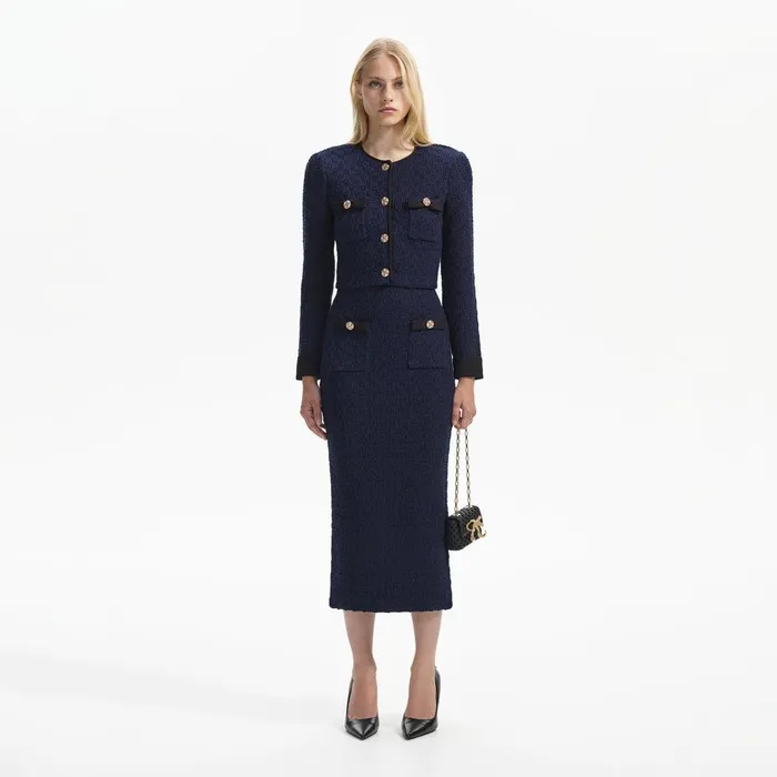 Self Portrait Knitwear Navy Weave Cropped Cardigan 8211 Women
