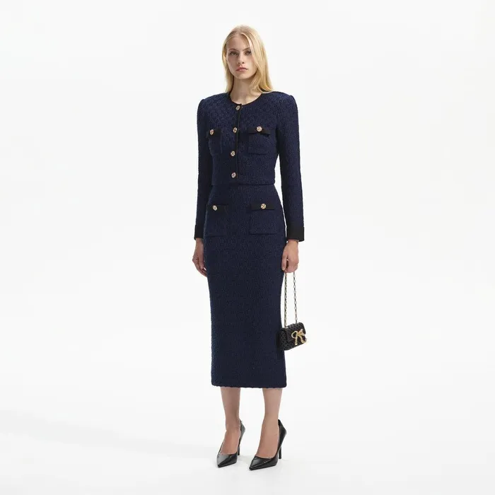 Self Portrait Knitwear Navy Weave Cropped Cardigan 8211 Women