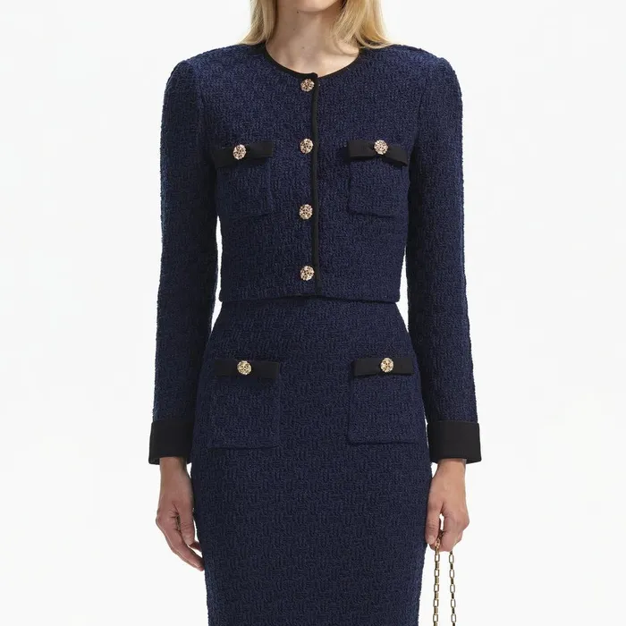 Self Portrait Knitwear Navy Weave Cropped Cardigan 8211 Women