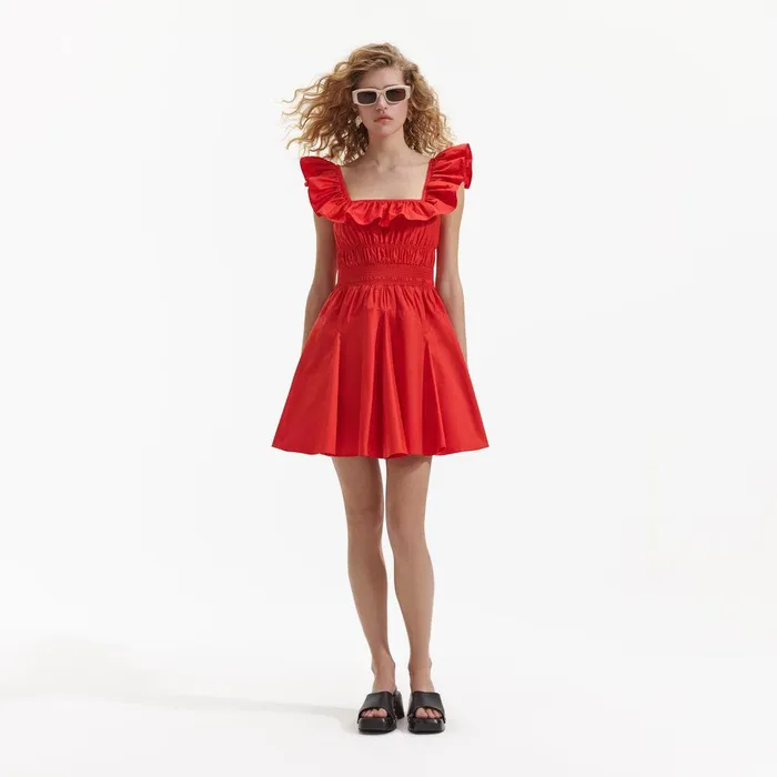Self Portrait Swim and Resort Red Cotton Ruffle Mini Dress 8211 Women