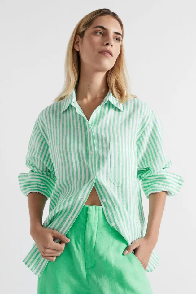 Shirts Woman Seed Heritage Core Linen Boyfriend Shirt Key Lime Stripe