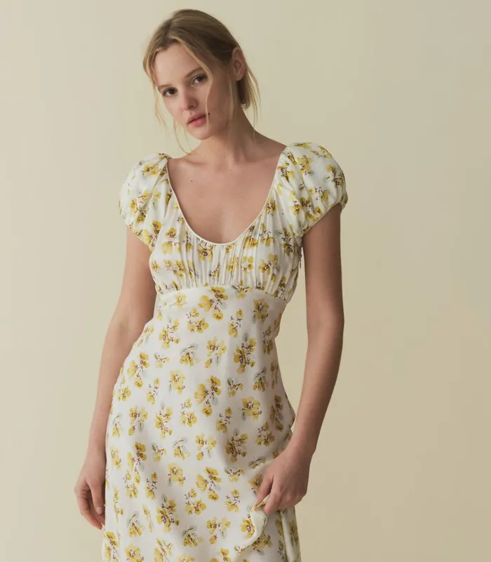 Shop FLORENCIA DRESS Gold Frolicking Floral DEN Dresses