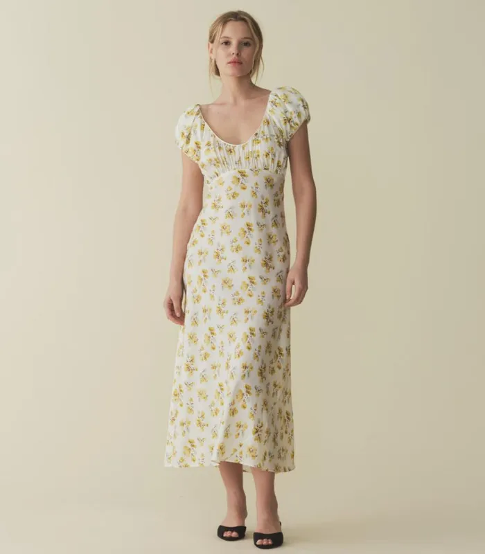 Shop FLORENCIA DRESS Gold Frolicking Floral DEN Dresses