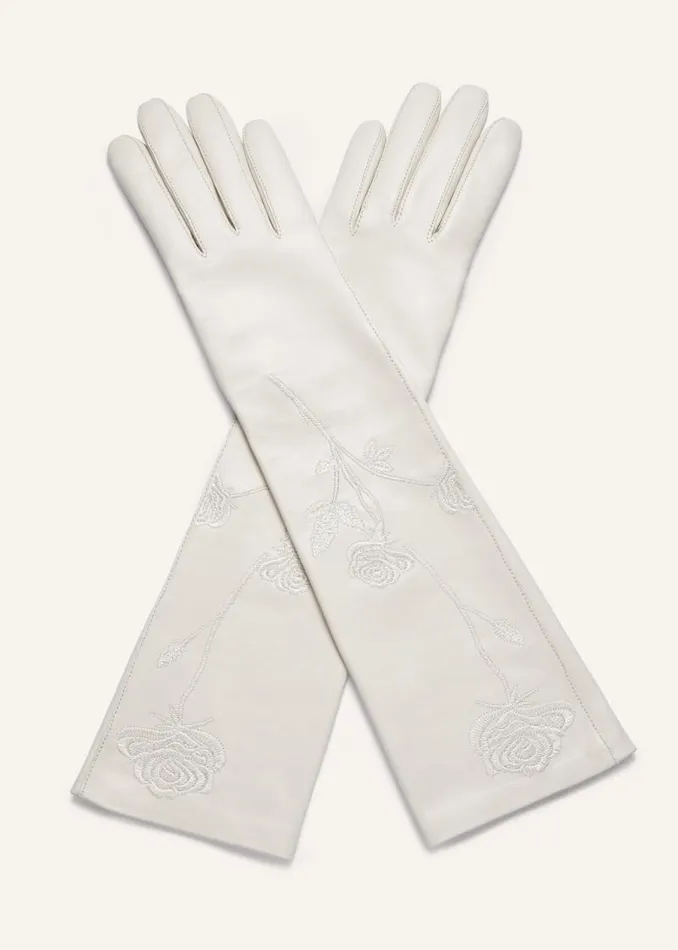 Shop Magda Butrym Accessories Leather Gloves In Cream Flower Embroidery