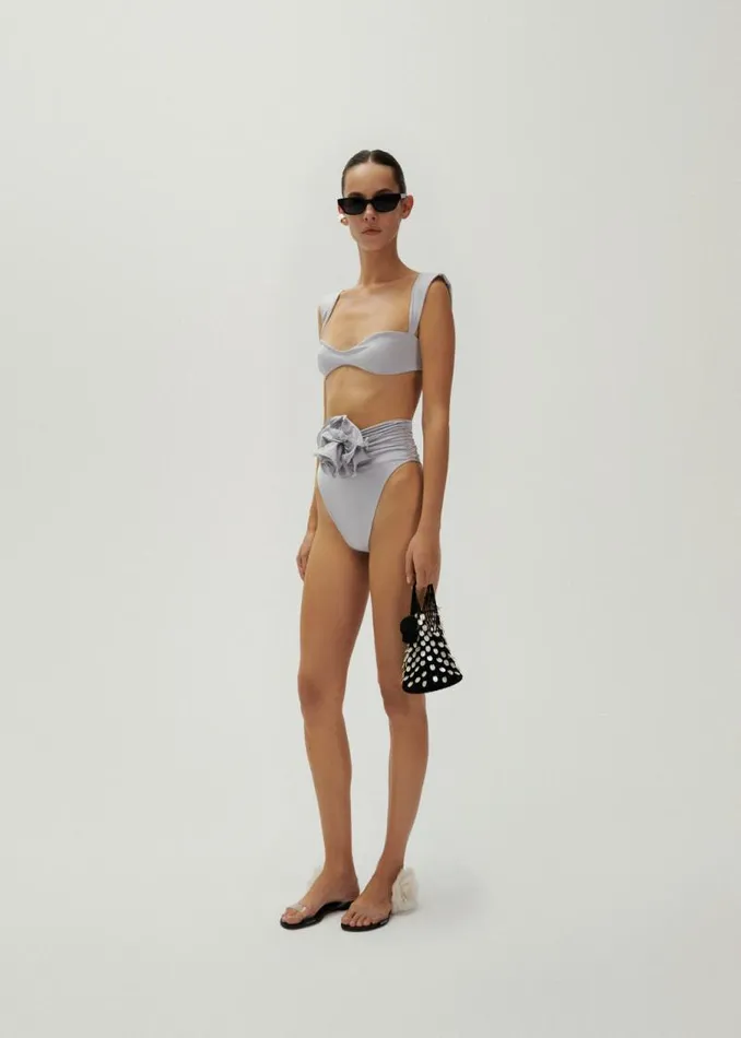 Shop Magda Butrym Beachwear Classic High Waist Flower Swim Bottom In Metallic Grey Shop Magda Butrym Beachwear Classic High Waist Flower Swim Bottom In Metallic Grey