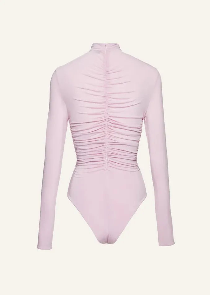 Shop Magda Butrym Bodysuits Gathered High Neck Bodysuit In Pink Shop Magda Butrym Bodysuits Gathered High Neck Bodysuit In Pink