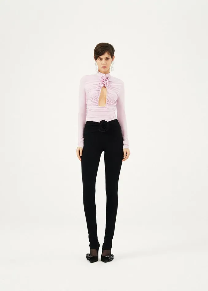 Shop Magda Butrym Bodysuits Gathered High Neck Bodysuit In Pink Shop Magda Butrym Bodysuits Gathered High Neck Bodysuit In Pink