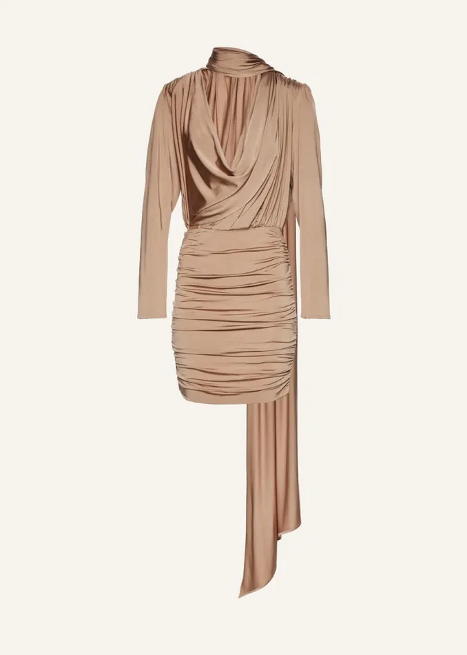 Shop Magda Butrym Dresses Long Sleeve Draped Silk Mini Dress In Beige