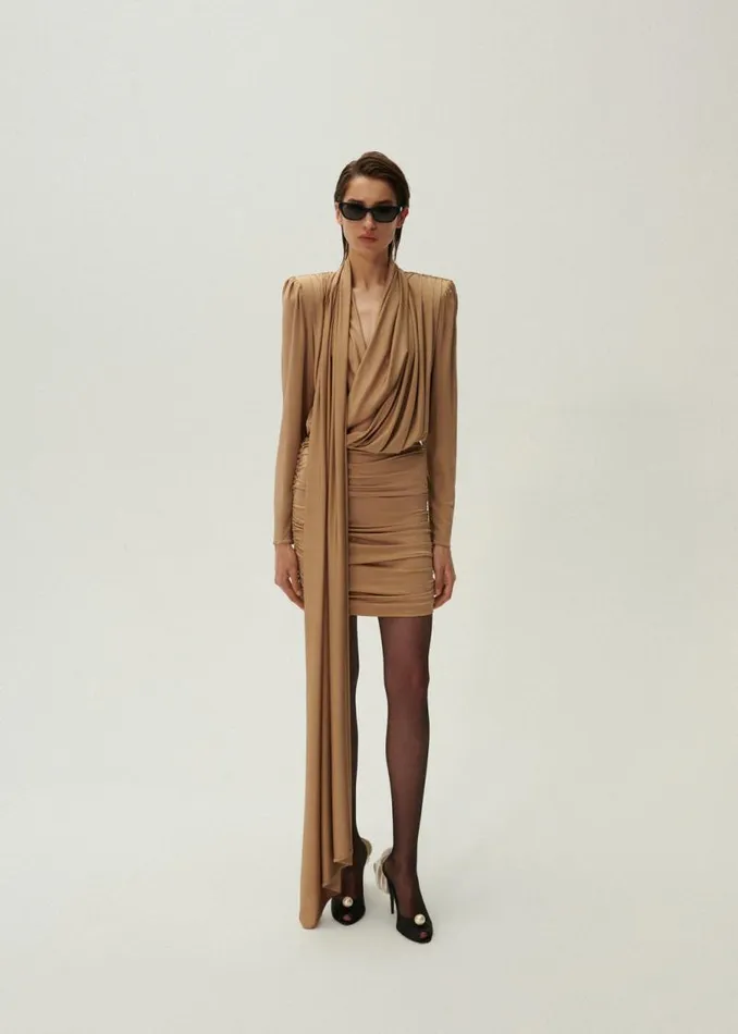 Shop Magda Butrym Dresses Long Sleeve Draped Silk Mini Dress In Beige Shop Magda Butrym Dresses Long Sleeve Draped Silk Mini Dress In Beige