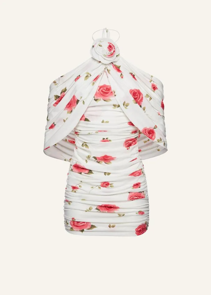 Shop Magda Butrym Dresses Ruched Flower Appliqu Wrap Dress In Cream Print