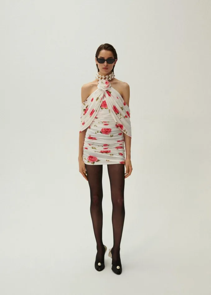 Shop Magda Butrym Dresses Ruched Flower Appliqu Wrap Dress In Cream Print Shop Magda Butrym Dresses Ruched Flower Appliqu Wrap Dress In Cream Print