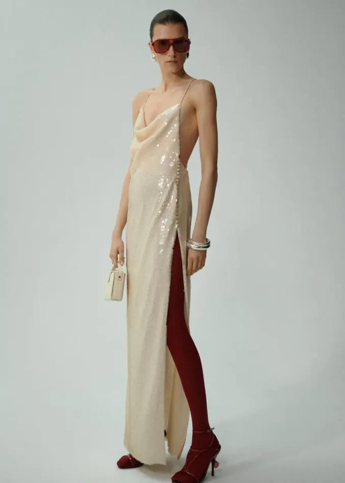 Shop Magda Butrym Dresses Sequin Spaghetti Strap Gown In Cream Shop Magda Butrym Dresses Sequin Spaghetti Strap Gown In Cream