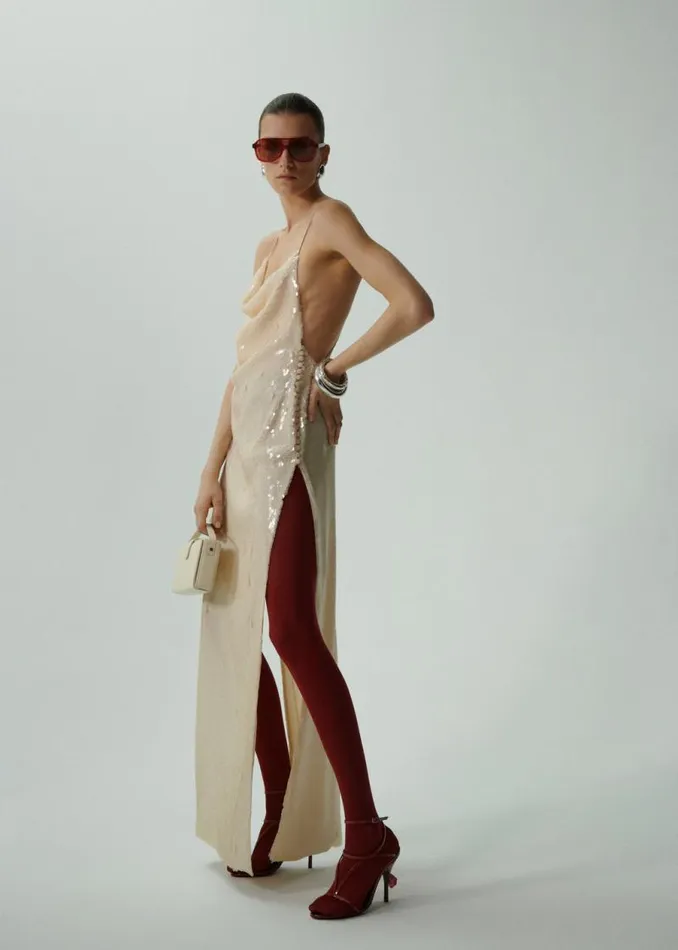 Shop Magda Butrym Dresses Sequin Spaghetti Strap Gown In Cream Shop Magda Butrym Dresses Sequin Spaghetti Strap Gown In Cream
