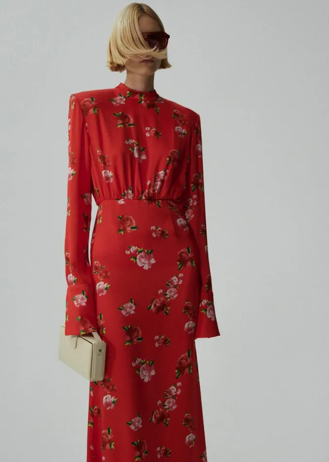 Shop Magda Butrym Dresses Silk Round Neck Gown In Red Print
