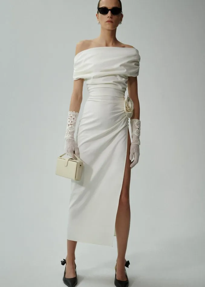 Shop Magda Butrym Dresses Wrap Shoulder Silk Midi Dress In Cream