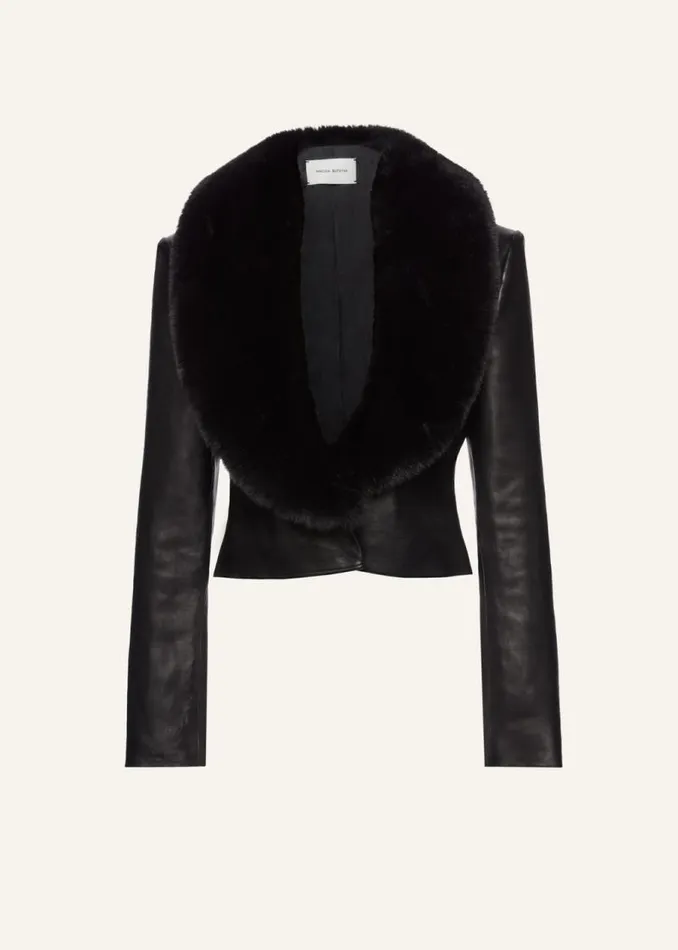 Shop Magda Butrym Leather And Shearling Demi Fitted Leather Jacket In Black