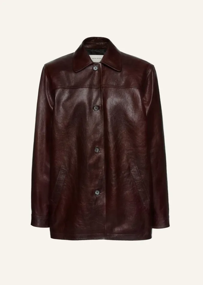Shop Magda Butrym Leather And Shearling Oversized Leather Button Up Jacket In Bordeaux Shop Magda Butrym Leather And Shearling Oversized Leather Button Up Jacket In Bordeaux