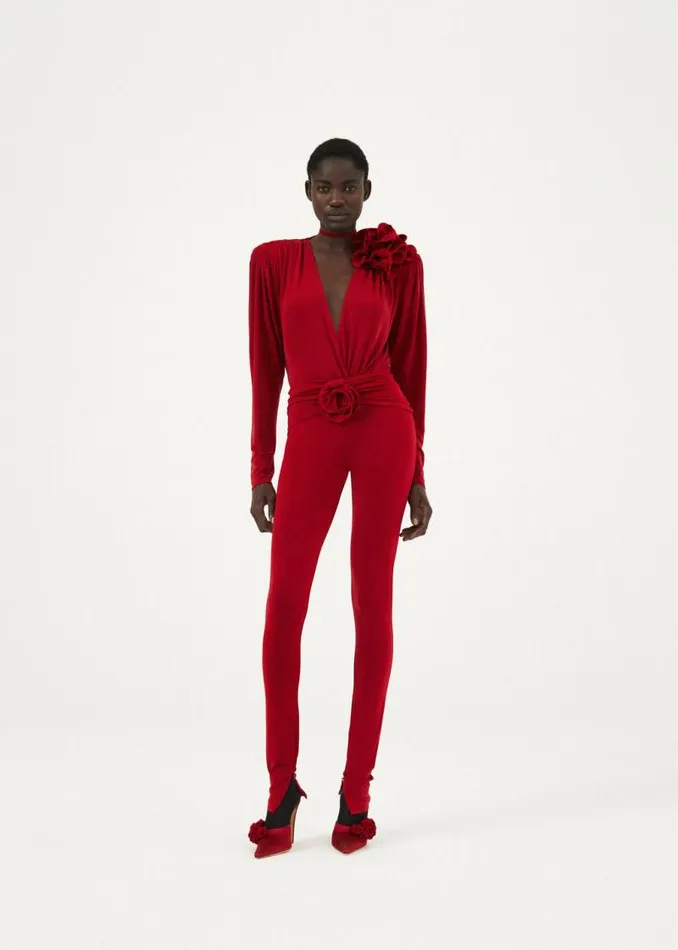 Shop Magda Butrym Pants Flower Embellished Skinny Leggings In Red