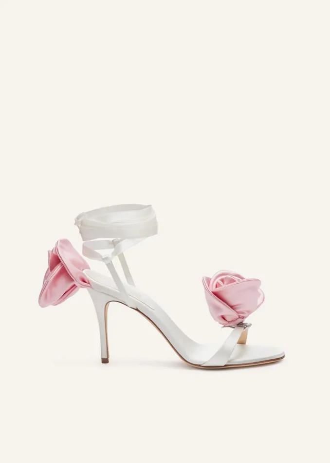 Shop Magda Butrym Shoes Pink Flower Wrap Around Cream Satin HeeI Sandals