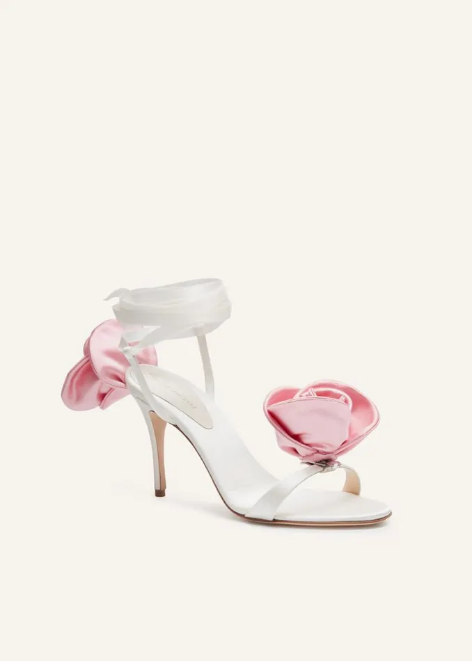 Shop Magda Butrym Shoes Pink Flower Wrap Around Cream Satin HeeI Sandals Shop Magda Butrym Shoes Pink Flower Wrap Around Cream Satin HeeI Sandals