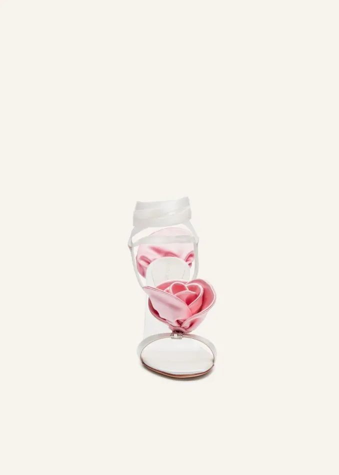 Shop Magda Butrym Shoes Pink Flower Wrap Around Cream Satin HeeI Sandals Shop Magda Butrym Shoes Pink Flower Wrap Around Cream Satin HeeI Sandals