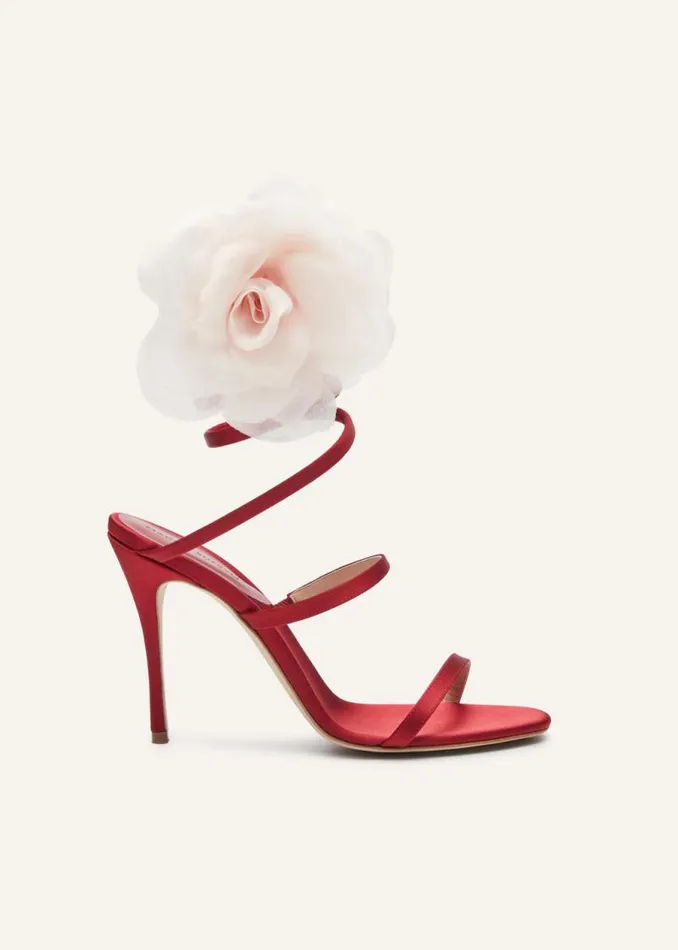 Shop Magda Butrym Shoes Silkorganza Pink Flower Heel Sandals In Red Satin
