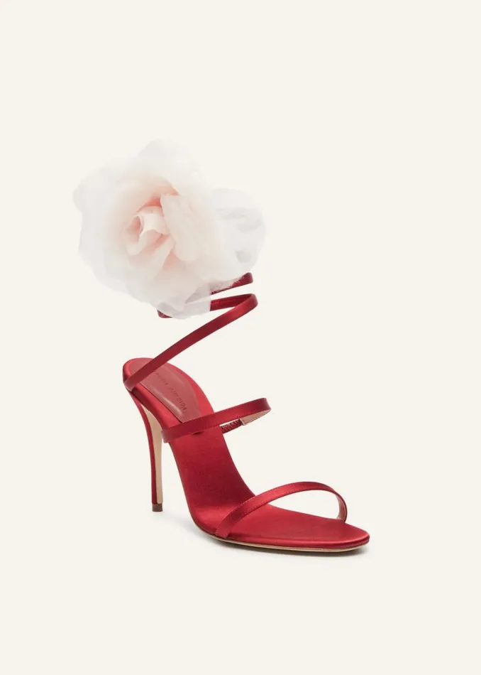 Shop Magda Butrym Shoes Silkorganza Pink Flower Heel Sandals In Red Satin Shop Magda Butrym Shoes Silkorganza Pink Flower Heel Sandals In Red Satin