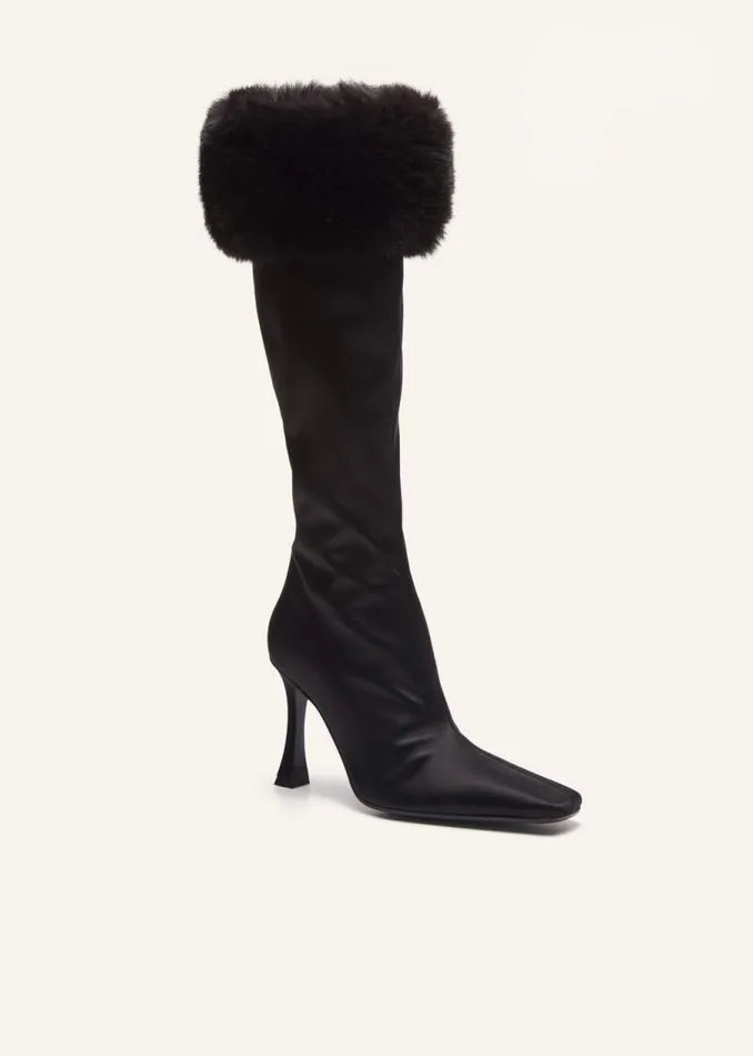 Shop Magda Butrym Shoes Tall Faux Fur Sock Boots In Black Satin Shop Magda Butrym Shoes Tall Faux Fur Sock Boots In Black Satin