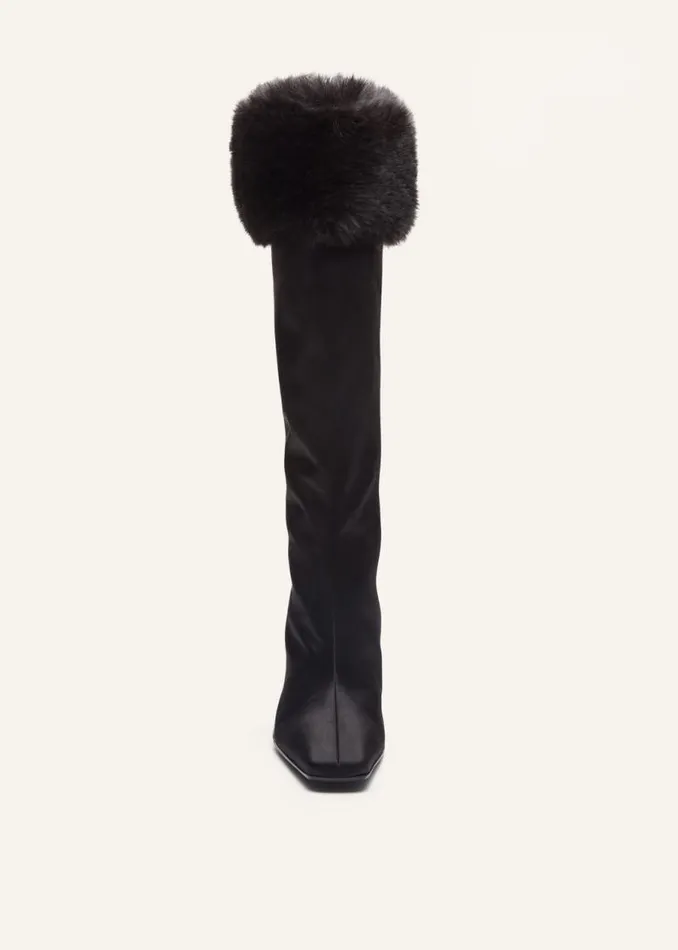 Shop Magda Butrym Shoes Tall Faux Fur Sock Boots In Black Satin Shop Magda Butrym Shoes Tall Faux Fur Sock Boots In Black Satin