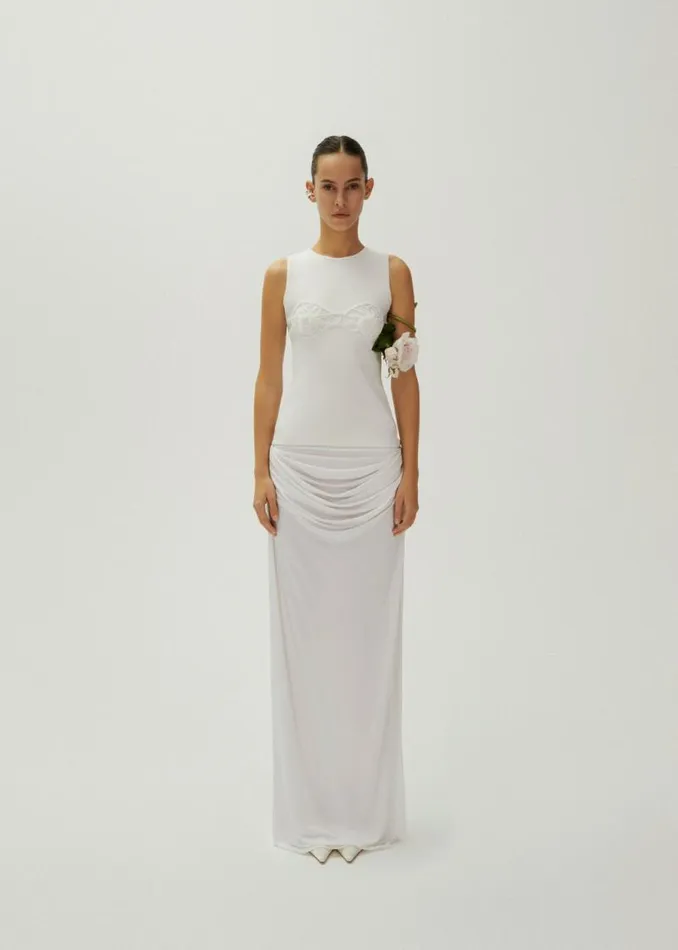 Shop Magda Butrym Skirts Draped Low Waist Midi Skirt In White Shop Magda Butrym Skirts Draped Low Waist Midi Skirt In White