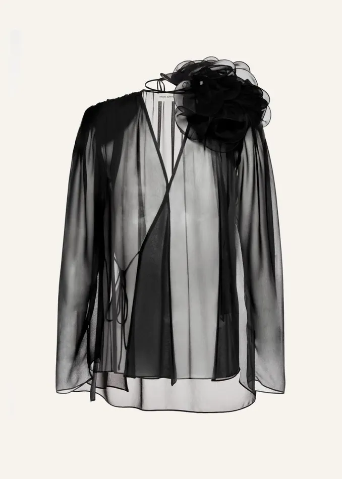 Shop Magda Butrym Tops Classic Shirred Flower Blouse In Sheer Black