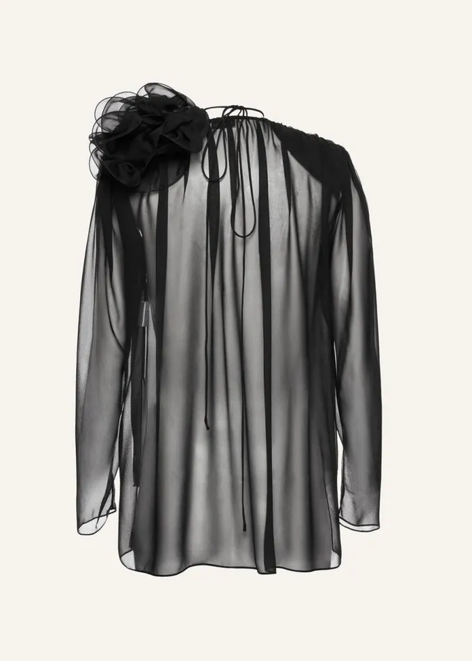 Shop Magda Butrym Tops Classic Shirred Flower Blouse In Sheer Black