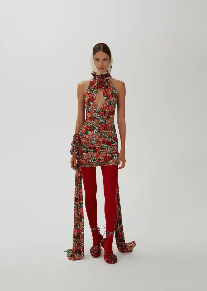 Shop Magda Butrym Tops Keyhole Halter Top In Red Floral Print