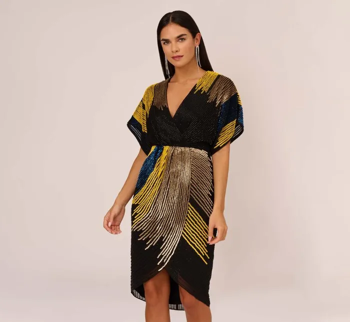 Short Dresses Womens Adrianna Papell Beaded Faux Wrap Dress With Dolman Sleeves In Black Multi