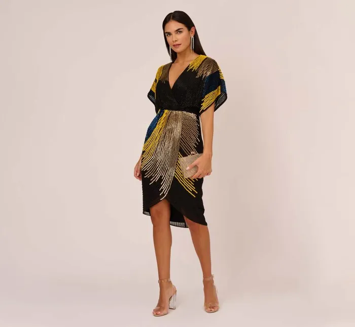 Short Dresses Womens Adrianna Papell Beaded Faux Wrap Dress With Dolman Sleeves In Black Multi