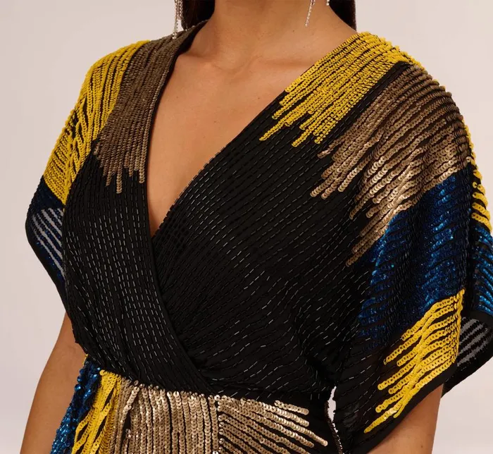Short Dresses Womens Adrianna Papell Beaded Faux Wrap Dress With Dolman Sleeves In Black Multi
