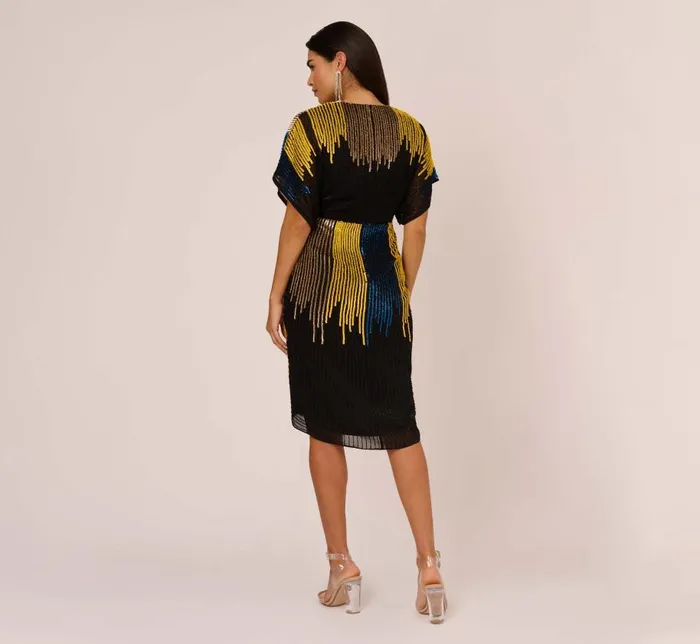 Short Dresses Womens Adrianna Papell Beaded Faux Wrap Dress With Dolman Sleeves In Black Multi