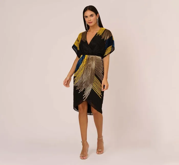 Short Dresses Womens Adrianna Papell Beaded Faux Wrap Dress With Dolman Sleeves In Black Multi