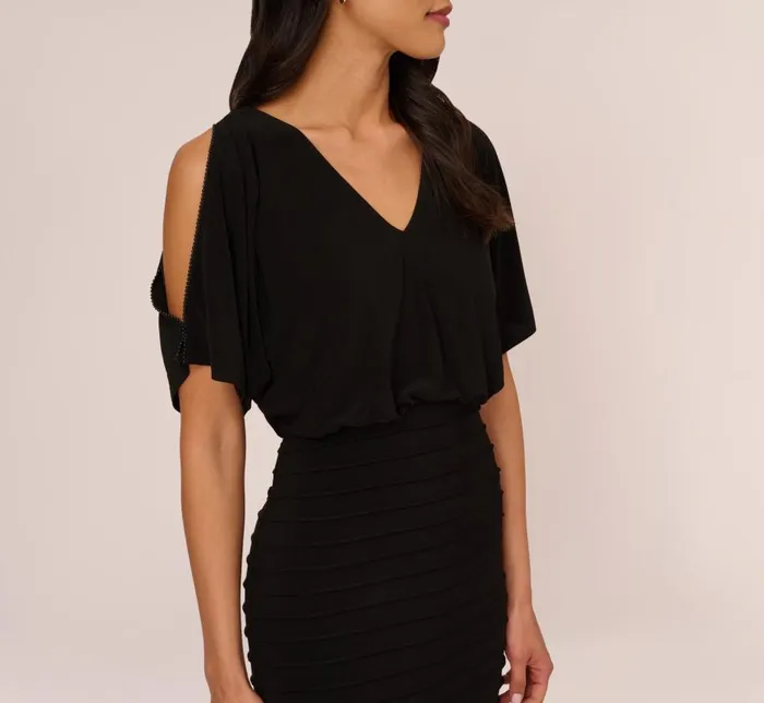 Short Dresses Womens Adrianna Papell Blouson Pintucked Dress With Cold Shoulder Sleeves In Black