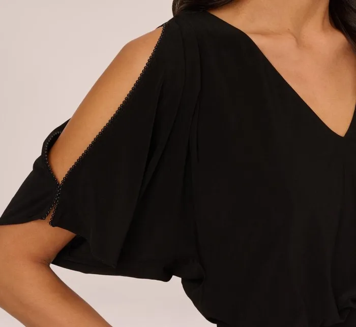 Short Dresses Womens Adrianna Papell Blouson Pintucked Dress With Cold Shoulder Sleeves In Black