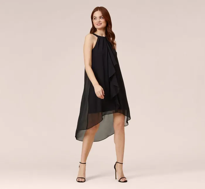 Short Dresses Womens Adrianna Papell Chiffon And Stretch Jersey Short Pull On Dress With Ruffle In Black