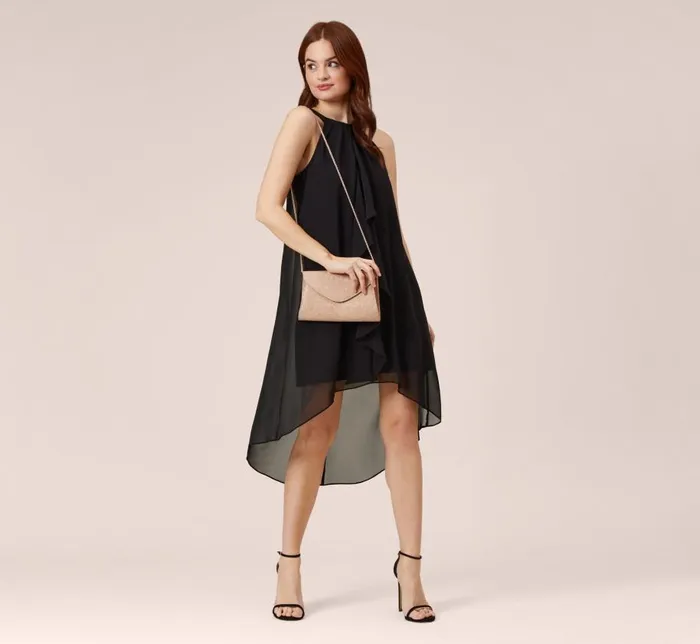 Short Dresses Womens Adrianna Papell Chiffon And Stretch Jersey Short Pull On Dress With Ruffle In Black
