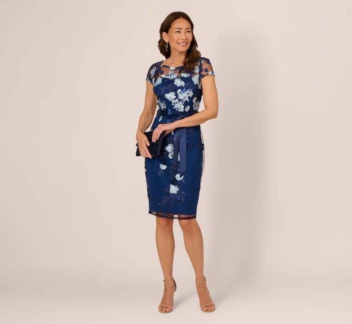 Short Dresses Womens Adrianna Papell Embroidered Sheath Dress In Midnight Multi